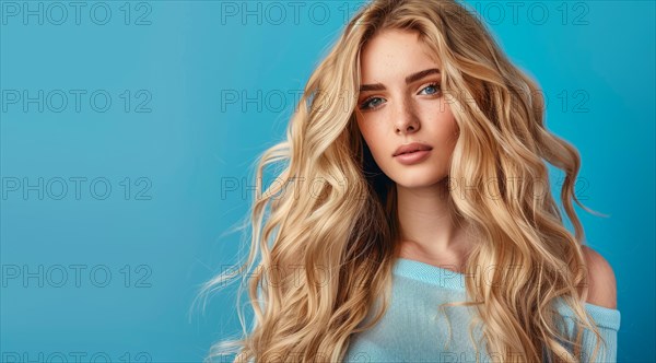 A blonde woman model with long hair is standing in front of a blue background, AI generated