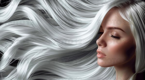 A blonde woman model with long silver hair is posing in front of a white background, AI generated