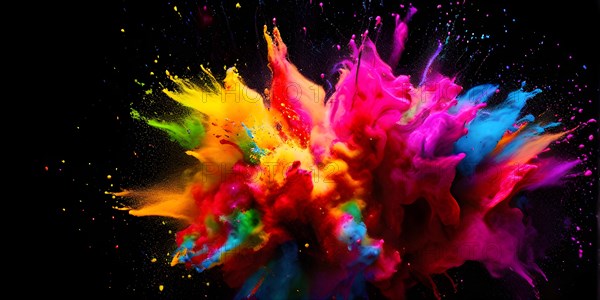 Rainbow-colored holi powder explosively dispersing against a black background, AI generated