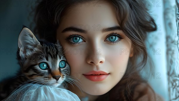 AI generated portrait of a young girl with cute little cat