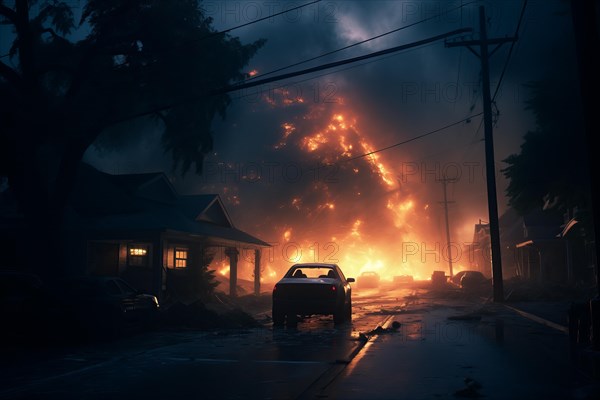 A car is driving down a street with a fire in the background. Scene is tense and chaotic, AI generated
