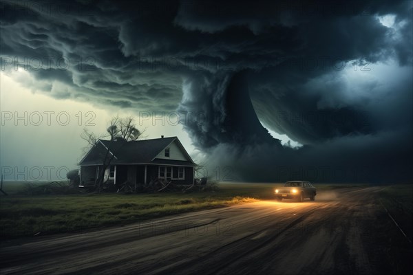 Disaster catastrophe storm concept, tornado in a field in the USA with wooden house and car on road under stormy dark sky, AI generated