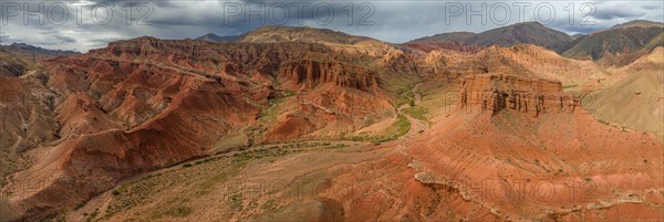 Panorama, gorge with eroded red sandstone rocks, Konorchek Canyon, Boom Gorge, aerial view, Kyrgyzstan, Asia