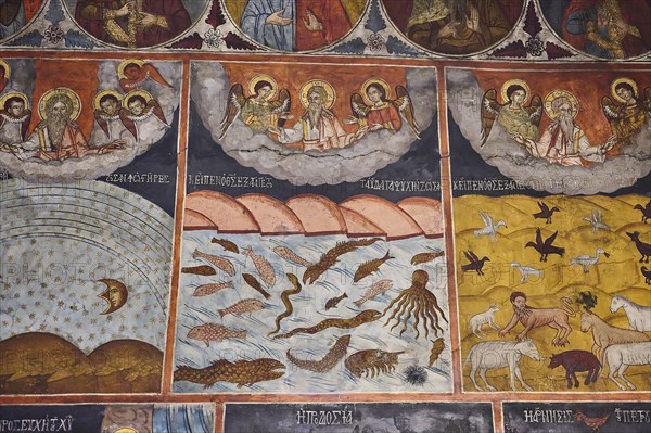Church fresco decorates the wall with scenes from the sea and the sky, depicting the Creation, Panagia Church, St Mary's Church, Lindos village, Rhodes, Dodecanese, Greek Islands, Greece, Europe