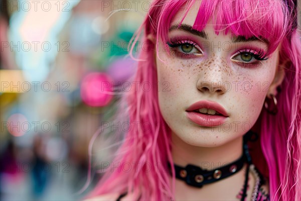 Face of young woman in black and pink gothic style in street. KI generiert, generiert, AI generated