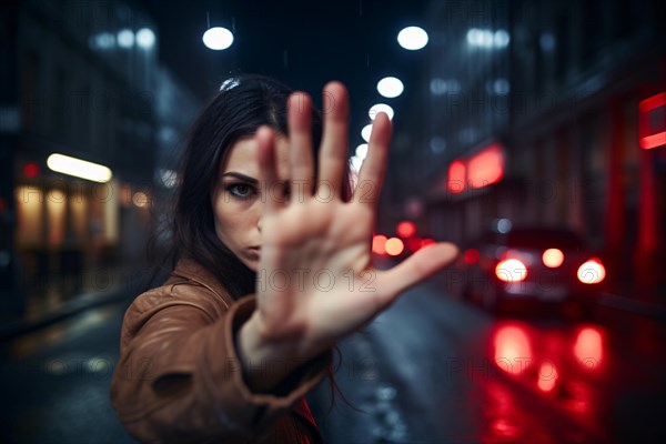 Woman holding up hand in defensive pose in dark city street at night. KI generiert, generiert, AI generated