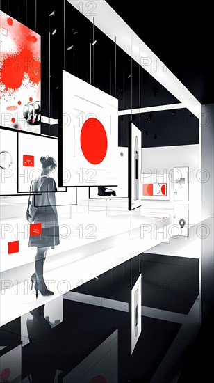 A woman observes a gallery-like modern office space with reflective flooring and red accents, illustration, AI generated