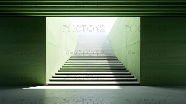 AI generated minimalist architectural shot of green walls intersecting around a modern stairway