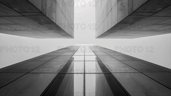 Upward perspective of a modern facade reflecting the sky, emphasizing vertical lines, AI generated