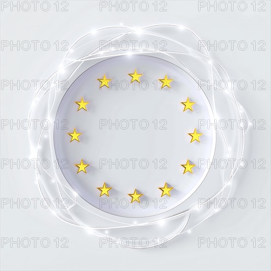 3D graphic of a transparent EU flag with prominent yellow stars, AI generated
