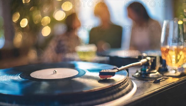 Friends enjoy drinks vinyl record playing together in cozy setting at sunset, bokeh effect ai generated, AI generated