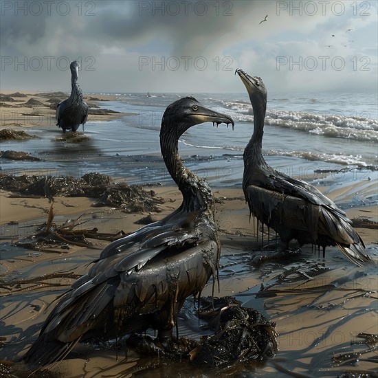 Birds covered in oil on a polluted beach, a bleak picture of environmental destruction, AI generated