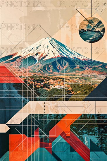 A serene image of the landscape with the majestic Mount Fuji on the horizon, framed by geometric designs and abstract shapes inspired by Japanese cultural symbols, representing a balanced fusion of nature and human art, Japan, AI generated, AI generated, Asia