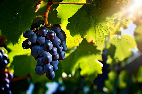 AI generated ripe grapes clinging to a vine sunlight dancing through the leaves accentuating their rich hues