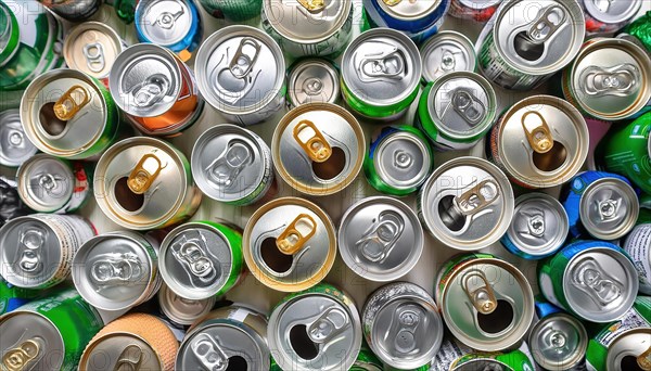 Symbol photo, rubbish, waste, many empty beverage cans in a pile, AI generated, AI generated