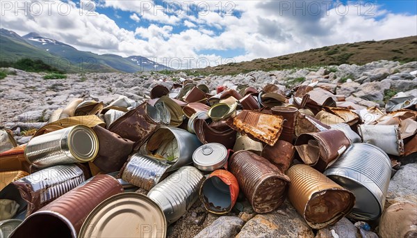 Symbol photo, many empty tin cans, partly crushed, rusty, dirty, lying in the landscape, AI generated, AI generated