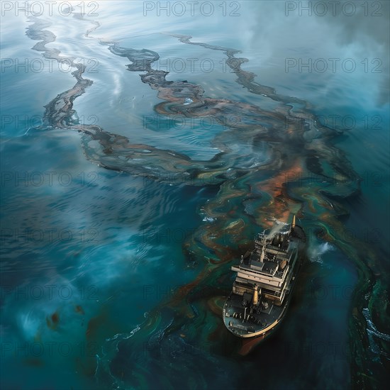 A large ship leaving a trail of oil in the blue ocean, under a dramatic sky, oil spill, environmental disaster, AI generated