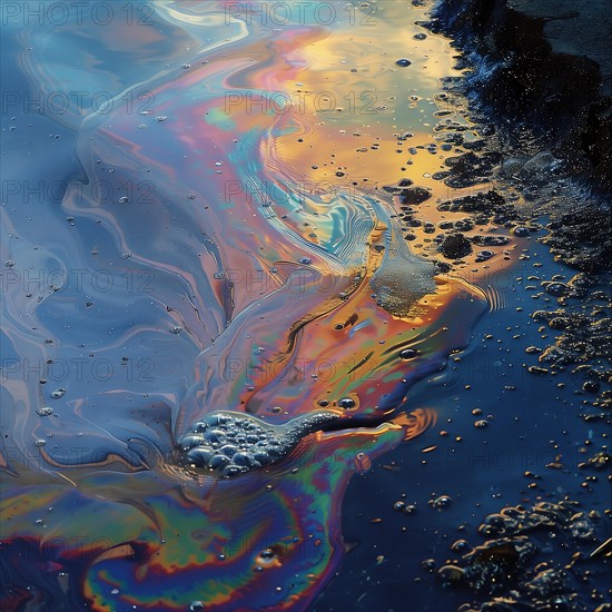 Colourful oil spill on the water surface with iridescent reflections, environmental pollution, environmental protection, AI generated