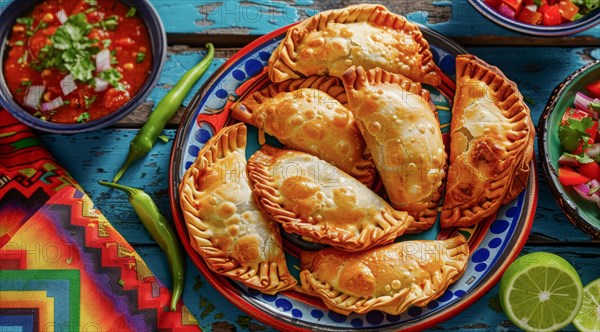 Tasty empanadas on a plate with colorful Mexican cloths as a background. National mexican food, AI generated