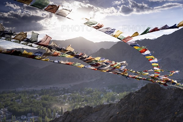 Panorama from Tsenmo Hill over Leh and the Indus Valley to Hemis National Park with Stok Kangri, 6153m, Ladakh, Jammu and Kashmir, India, Asia