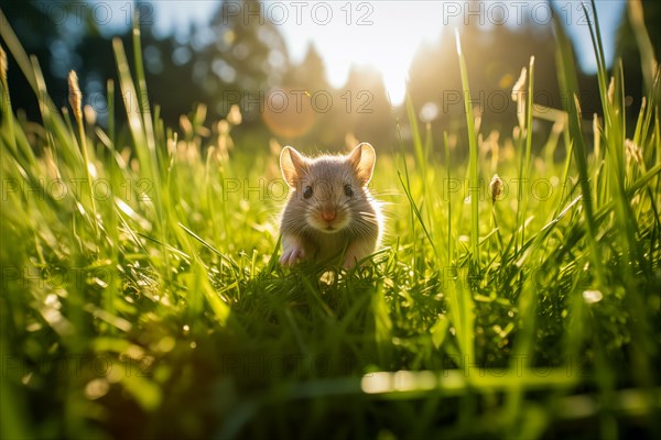 Cute mouse with large ears, exploring the vibrant green grass on a sunny day, AI generated