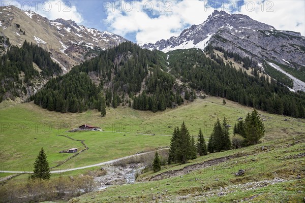 Gemsteltal, back left Naturalpe Gemstel-Schoenesboden-Alpe, back right Geisshorn, Mittelberg, Kleinwalsertal, Vorarlberg, Allgaeu Alps, Austria, Europe