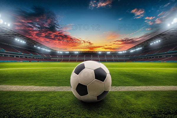 A soccer ball on a green field in soccer football stadium in evening on sunset with floodlights lights, AI generated