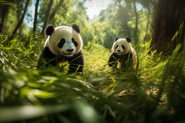 Cute panda cubs in a lush bamboo grove, The image showcases the beauty and serenity of nature and wildlife. Endangered species, AI generated