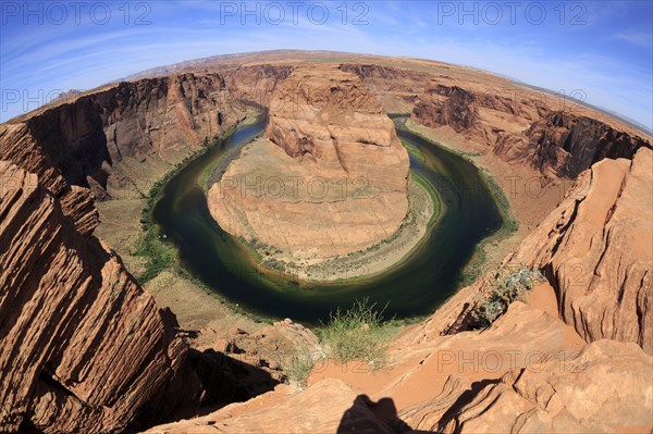A panoramic view of Horseshoe Bend with steep canyon walls and a river with green water colour, Horseshoe Bend, North America, USA, South-West, Arizona, North America
