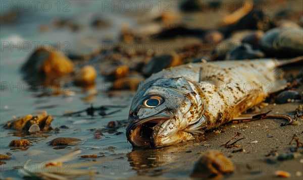 Dead fish washed ashore on a polluted beach, environment and ecological problems AI generated