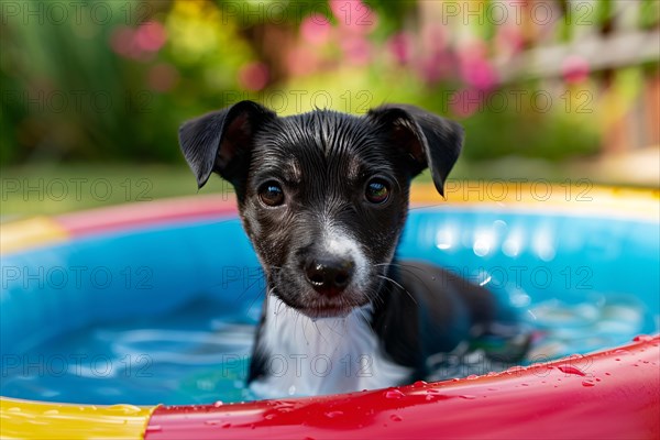 Cute dog in paddling pool with water in summer. KI generiert, generiert, AI generated