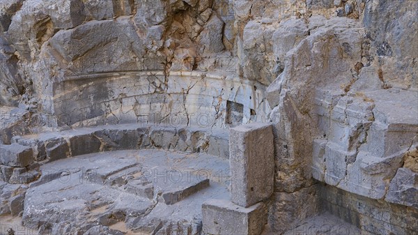 At the entrance to the Acropolis, detailed view of the ruins of an ancient stone structure at an archaeological site, Lindos, Rhodes, Dodecanese, Greek Islands, Greece, Europe