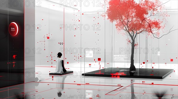 A woman in a futuristic grayscale room with a vibrant red tree and reflections on the floor, illustration, AI generated