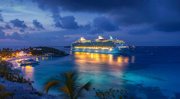 A large cruise ship docked near popular vacation resort. The scene is serene and relaxing, with the ship providing a sense of adventure, AI generated