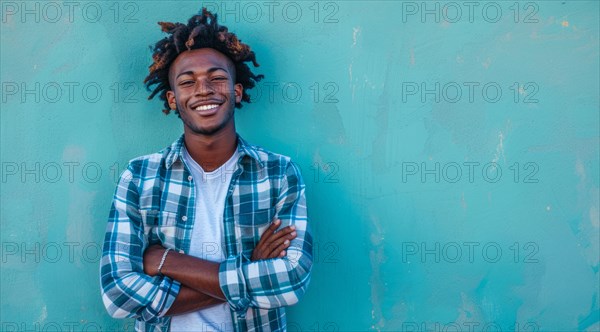 Black young positive man with dreadlocks is smiling and standing in front of the building wall. Concept of confidence and positivity, AI generated