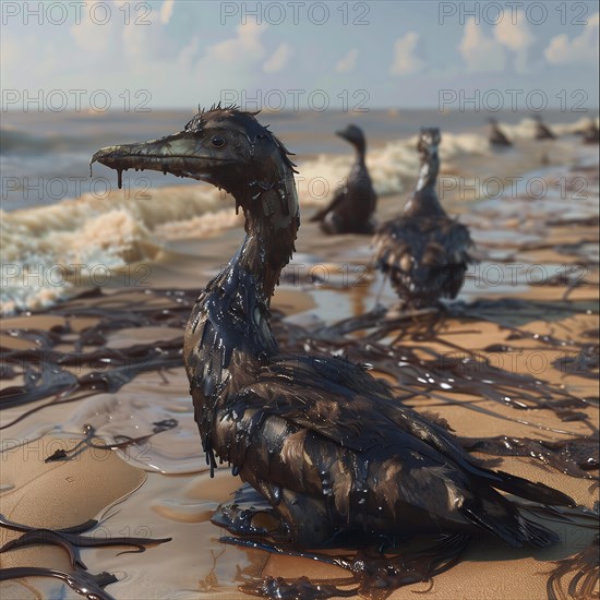 Close-up of an oily Bird on the beach, conveying detail and sadness, AI generated