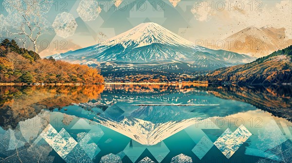 A tranquil landscape with the majestic Mount Fuji on the horizon, surrounded by geometric patterns and abstract shapes inspired by Japanese cultural symbols, conveying a sense of unity between nature and human creativity, Japan, AI generated, AI generated, Asia