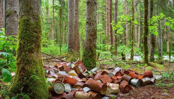 Symbolic photo, a forest of thick tree trunks, many rusty tin cans on the ground, waste, environmental pollution, AI generated, AI generated