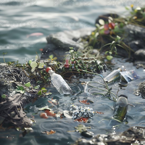 Plastic bottles and waste in a natural body of water illuminated by sunlight, pollution, environmental protection, AI generated