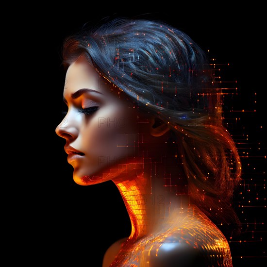 AI generated female human head digitalised in pixel art style presenting a mosaic of vibrant hues in neon glow