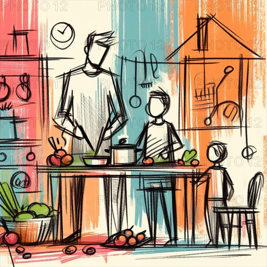 An abstract drawing of a family cooking together in the kitchen with colorful surroundings, AI generated