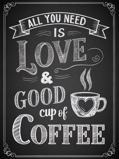 Chalkboard style illustration with a positive quote about love and coffee, AI generated