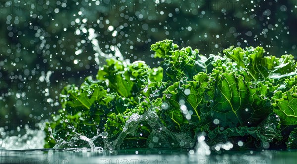 Fresh bunch of green kale floating in water. A concept of vegetarian lifestyle and vegetarian diet, AI generated