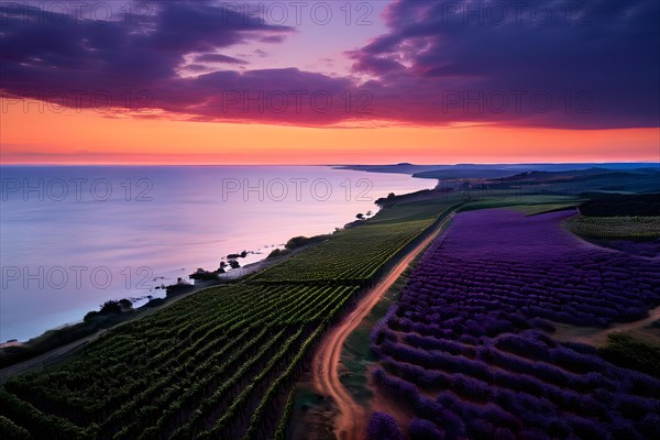 AI generated aerial view of a coastal vineyard with ocean in the background in ambient light