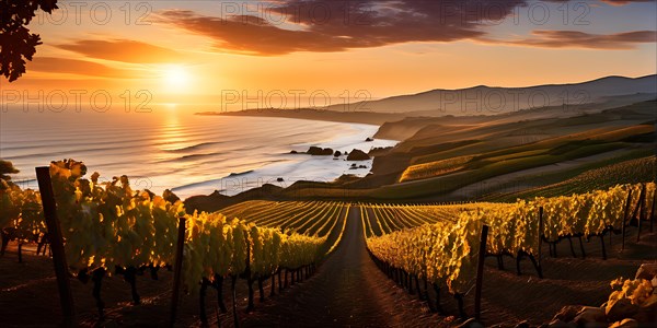 AI generated panoramic view of a coastal vineyard with ocean in the background in ambient light