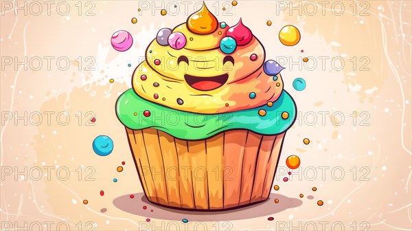A cheerful animated cupcake with a colorful cream topping, surrounded by bubbles and sprinkles, AI generated