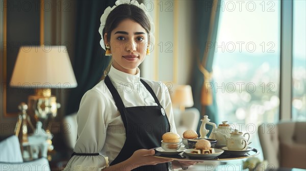 An elegant waitress in uniform serving a traditional breakfast with tea in a luxury hotel, AI generated