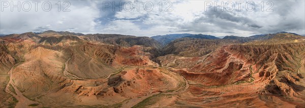 Panorama, gorge with eroded red sandstone rocks, Konorchek Canyon, Boom Gorge, aerial view, Kyrgyzstan, Asia