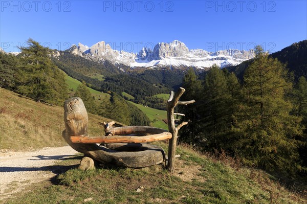 Mountain view from a rustic wooden bench on a sunny autumn day, Italy, TAlto Adige, Bolzano province, Dolomites, rose garden, Europe