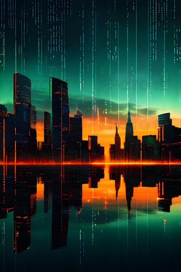 AI generated illustration of a cityscape with skyscrapers and holographic elements in green and orange color tones